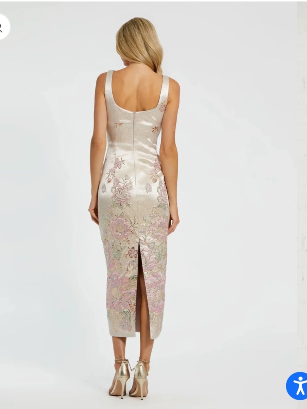 Mac Duggal Slim Strap Scoop Neck Brocade Midi Dress - Ivory with Pink Floral - Picture 3 of 4